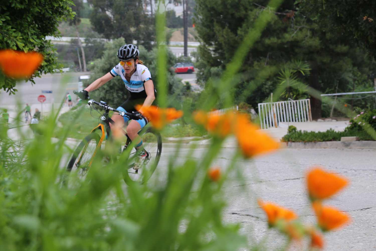 racer bikes up hill with flowers
